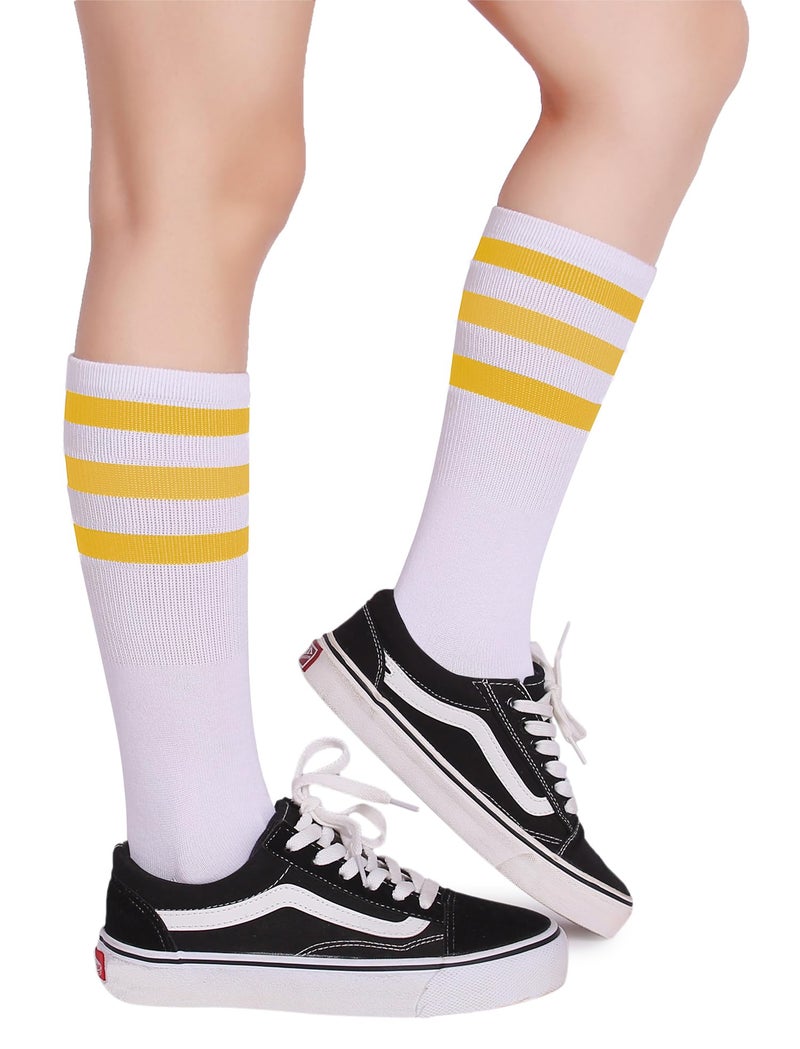 Pareberry Classic Triple Stripes Soft Cotton On the Calf Retro White Tube Socks (A-pair(Yellow/White)) - Image 3